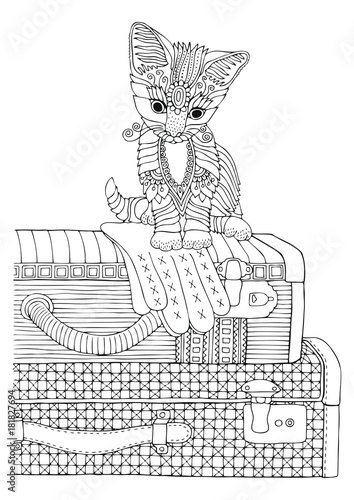 Kitty traveler sitting on trunk. Hand drawn picture. Sketch for anti-stress adult coloring book in zen-tangle style. Vector illustration  for coloring page.