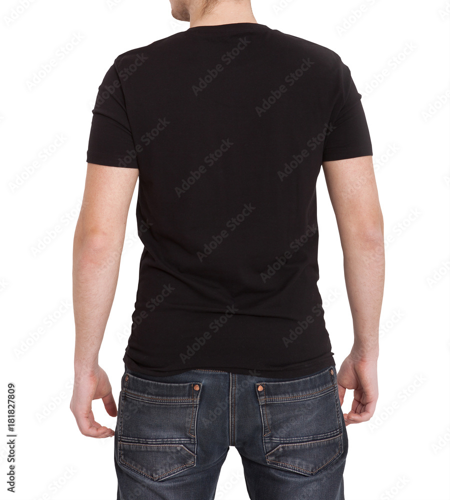 Young man wearing blank t-shirt isolated on white background. Copy space. Place for advertisement. Back view Young man wearing blank t-shirt isolated on white background. Copy space. Place for advertisement. Back view