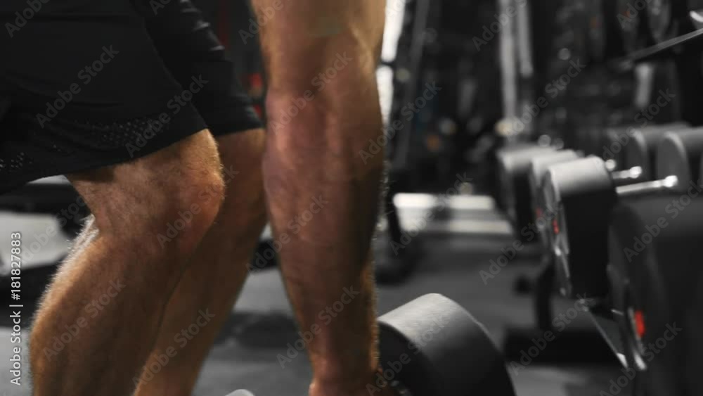 Strong man is pumping muscles at the gym, power exercises with dumbbells, athlete at fitness club, caucasian man with beard Strong man is pumping muscles at the gym, power exercises with dumbbells, athlete at fitness club, caucasian man with beard