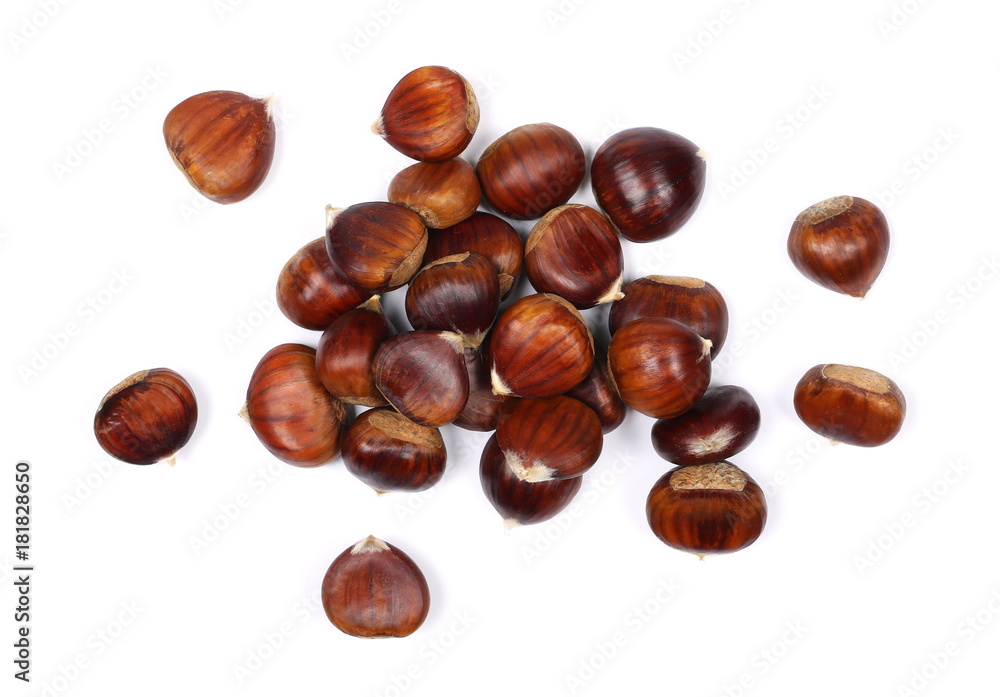 Pile edible chestnut isolated on white background, top view
Pile edible chestnut isolated on white background, top view