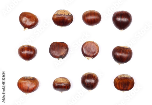 Pile edible chestnut isolated on white background, top view 