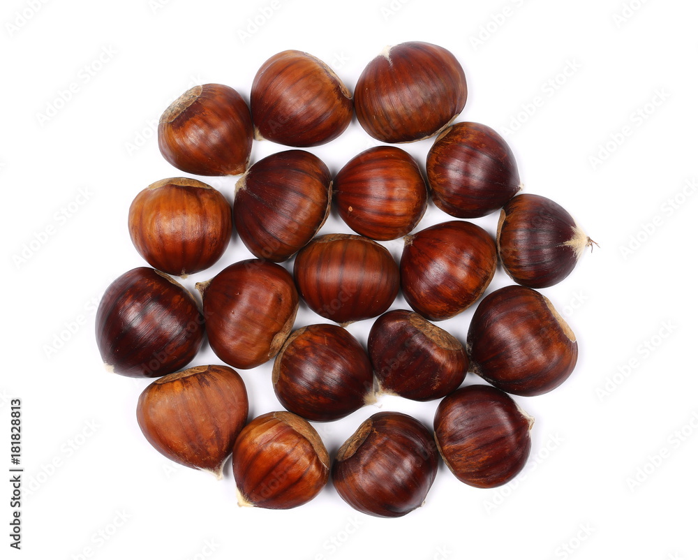 Pile edible chestnut isolated on white background, top view
Pile edible chestnut isolated on white background, top view