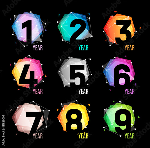 Numbers in a geometric abstract color and cosmic form from polygonal triangles and polygons logo on a black background. vector illustration.