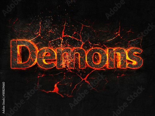 Fotografia Demons Fire text flame burning hot lava explosion background.