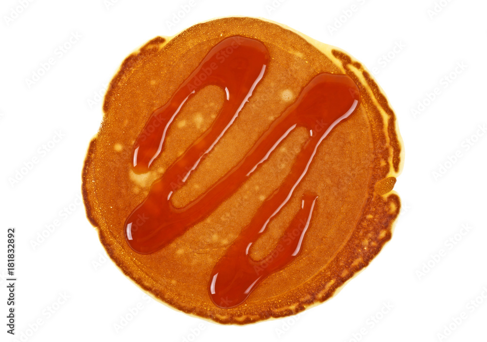 Pancake with caramel isolated on a white background. Healthy breakfast.