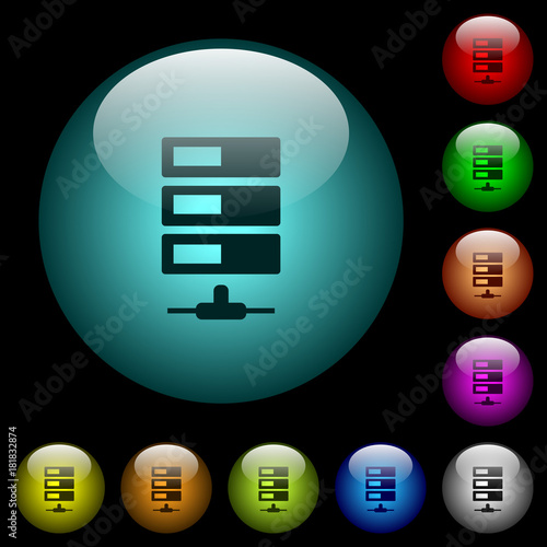 Data network icons in color illuminated glass buttons