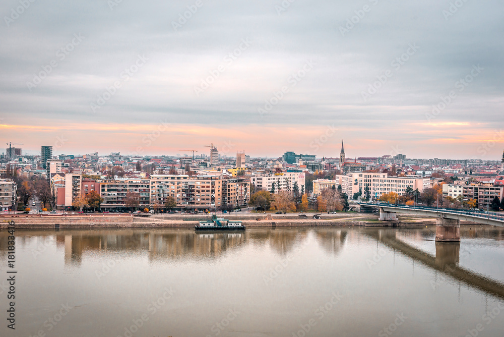 Panoramic city view of Novi Sad with buildings in background