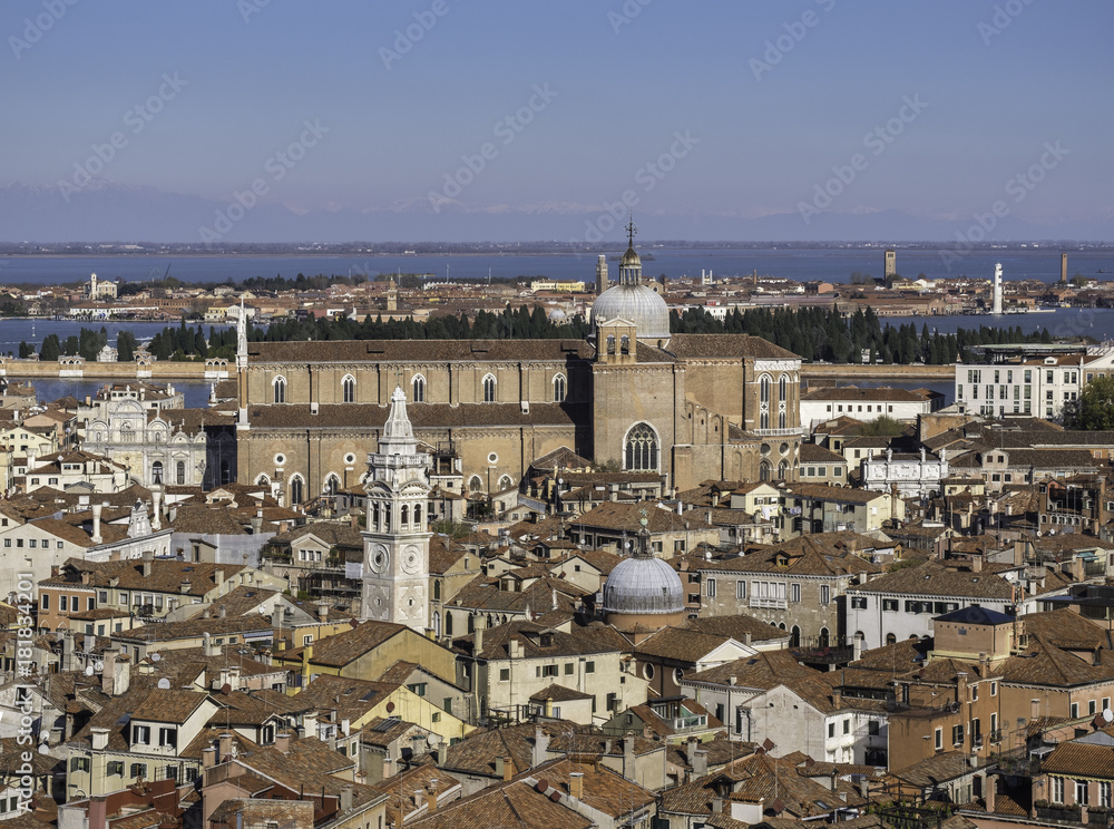 Eastern part of Venice with Basilica dei Santi Giovanni e Paolo and island Murano in background, Italy
