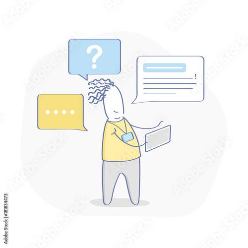 Cute cartoon technical support operator, customer service, contact us, help, phone call. Cartoon supporter talking with client via tablet.  Call Center Manager vector illustration.