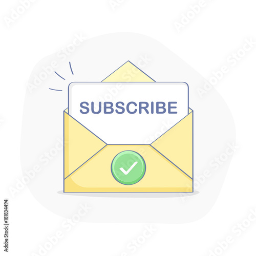 Subscribe button, check mark on envelope. Newsletter subscription page. Flat outline vector icon illustration, UX UI modern design element for design.