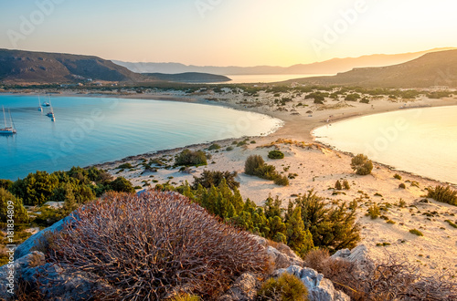 Simos beach in Elafonisos island in Greece. Elafonisos is a small Greek island between the Peloponnese and Kythira with idyllic exotic beaches and waters
