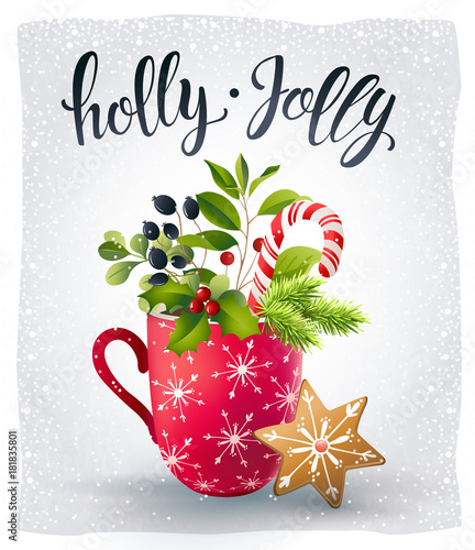 Red cup with hot chocolate and marshmallows and gingerbread cookies. Christmas time composition. Vector illustration.