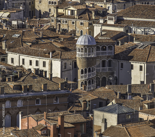 Aerial view of Palace Contarini del Bovolo in Venice with famous spiral outer staircase, Italy photo