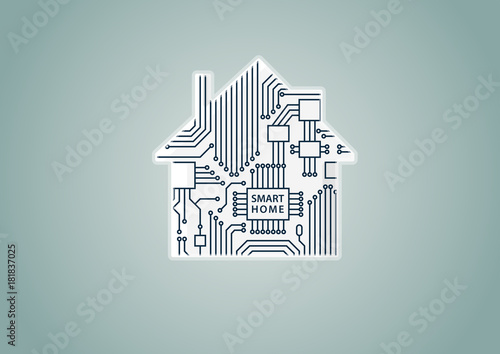 Smart home automation concept as example for digitization- vector illustration of digital house with circuit board.