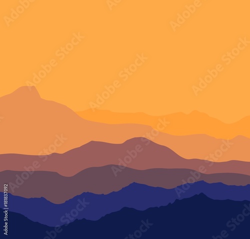 Landscape with blue and purple silhouettes of mountains and hills with beautiful bloody evening sky. Huge mountain range silhouettes in twilight.  illustration.