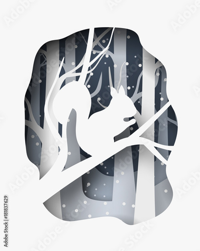 Hello winter 3d abstract paper cut illustration of snow squirrel in the forest. Vector template
