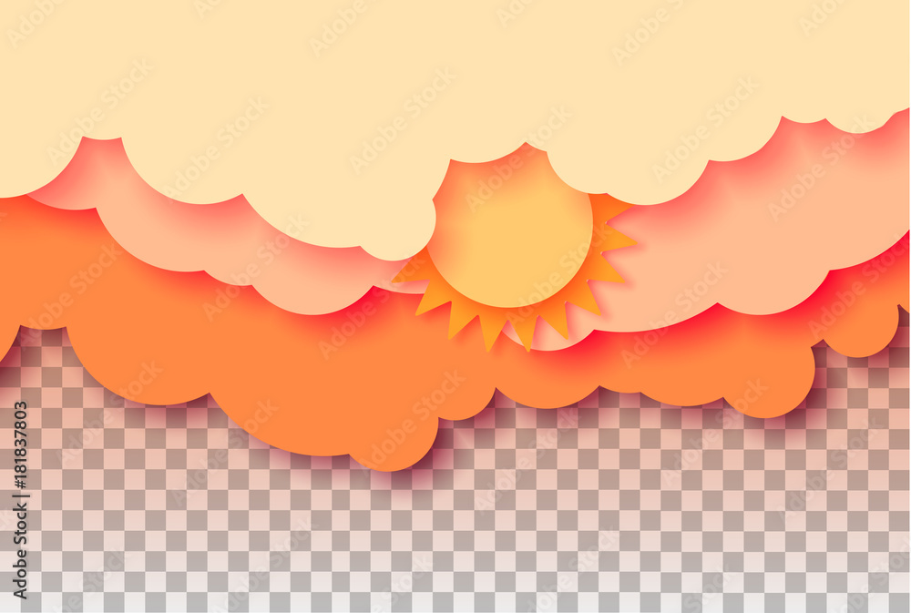 3d abstract paper cut illustration of pastel orange sky, sun and clouds. Vector colorful template. - obrazy, fototapety, plakaty 