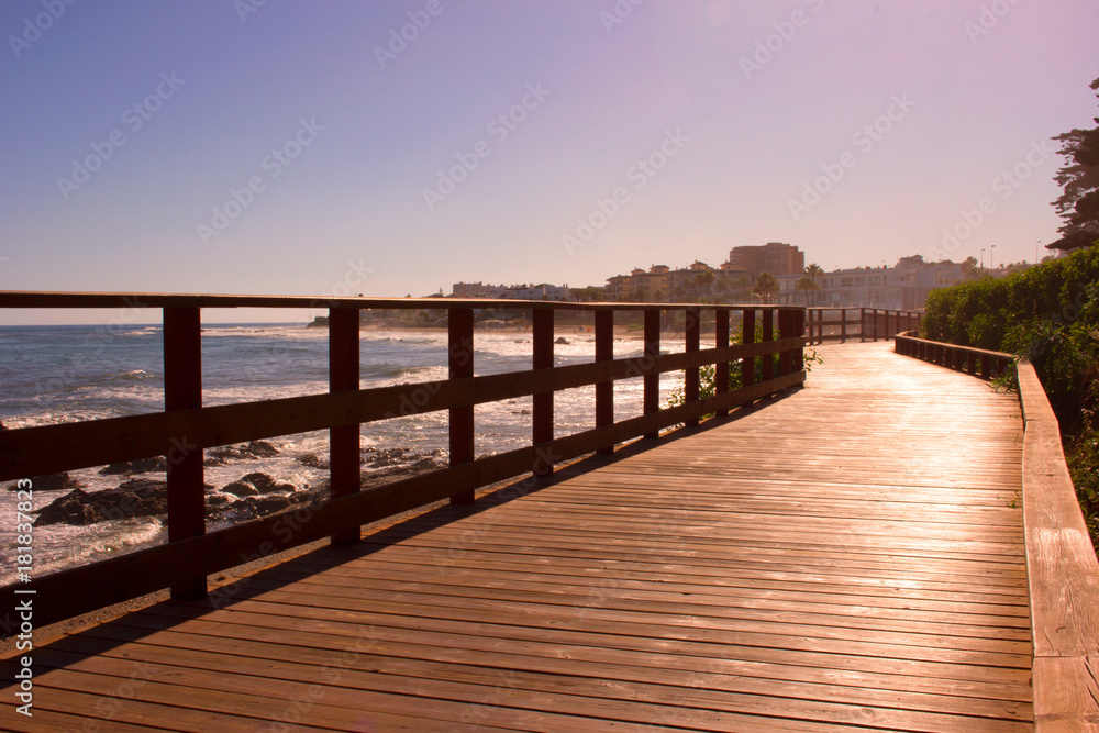 Beach. Wooden road in the beach. Costa del Sol, Andalusia, Spain.