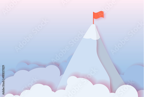 abstract paper cut illustration of morning blue and pink sky, clouds and mountain with flag. Goal and leadership concept.