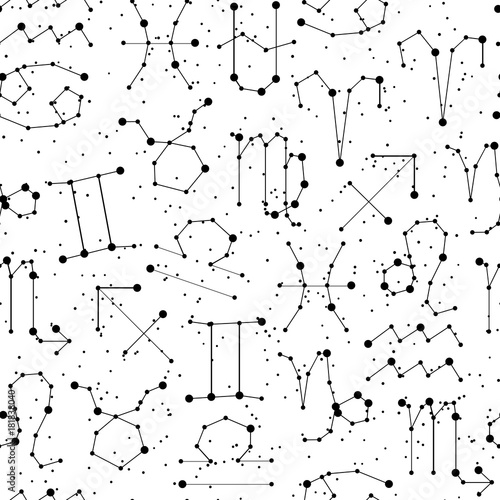 Horoscope seamless pattern, all Zodiac signs in constellation style with line and stars on white background. Endless background of starry zodiac symbols