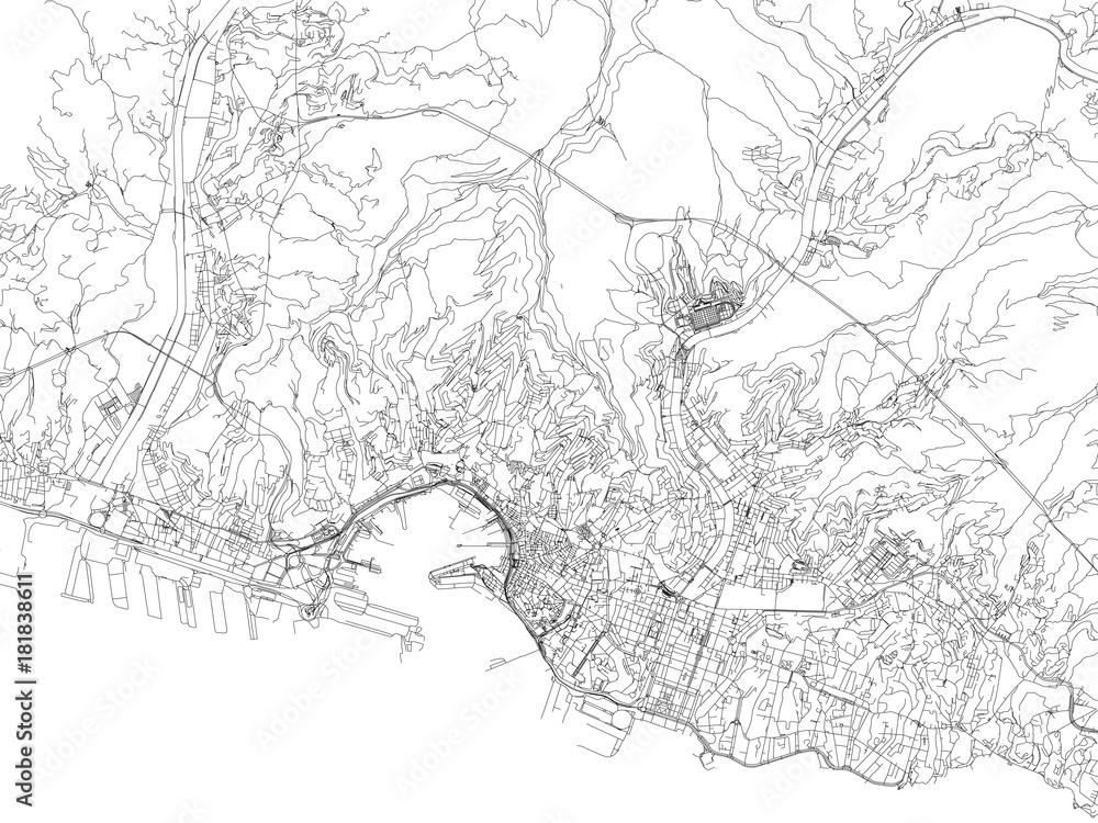 Strade di Genova, cartina della città, Liguria, Italia. Stradario