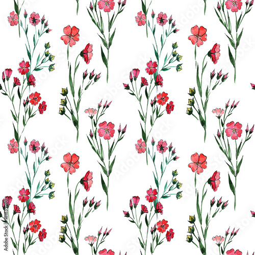 Wildflower flax flower pattern in a watercolor style. Full name of the plant: flax. Aquarelle wild flower for background, texture, wrapper pattern, frame or border.
