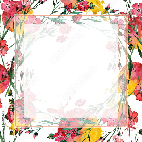 Wildflower flax flower frame in a watercolor style. Full name of the plant  flax. Aquarelle wild flower for background  texture  wrapper pattern  frame or border.