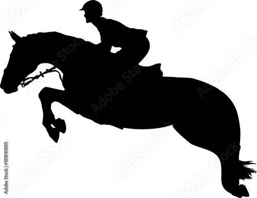 Silhouette of a rider and a horse are jumping over an obstacle.