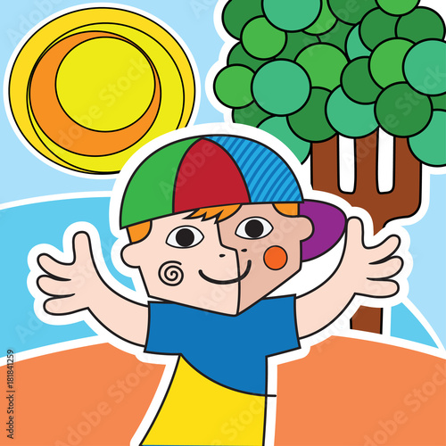 Illustration artistic composition, with lines and geometric shapes, of a cheerful child in a tropical environment. Ideal for art materials