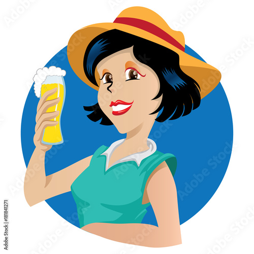 Young brunette woman beautiful and cheerful, stripped holding a glass of beer. Ideal for promotional and educational materials