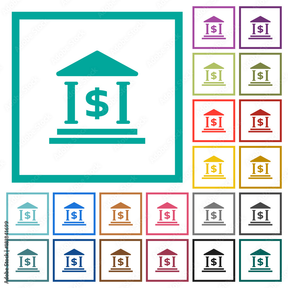 Dollar bank office flat color icons with quadrant frames Dollar bank office flat color icons with quadrant frames