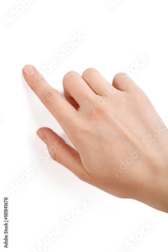 Pointing finger touching white background