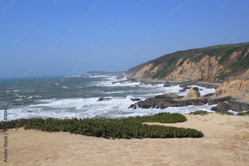 waves on a rocky coastline in Bodega Bay California