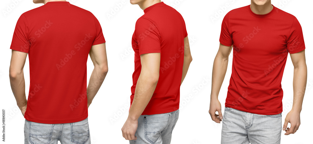 Foto Stock Young male in blank red t-shirt, front and back view, isolated  white background. Design men tshirt template and mockup for print | Adobe  Stock