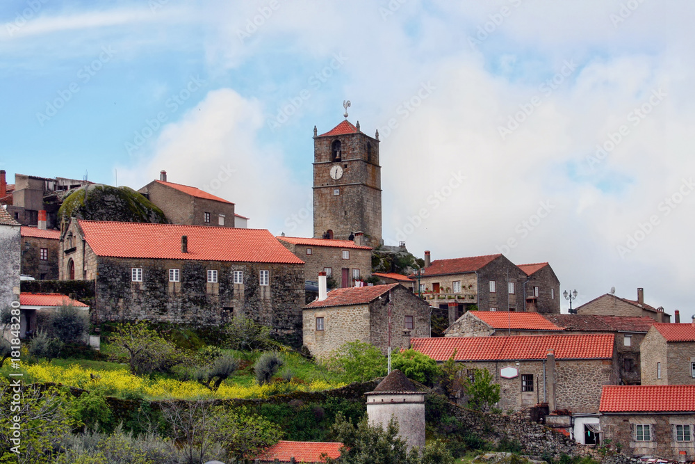 Monsato, Portugal. Portuguese historic village. 
Landscape of the portuguese historic village of Monsanto. Houses and church.