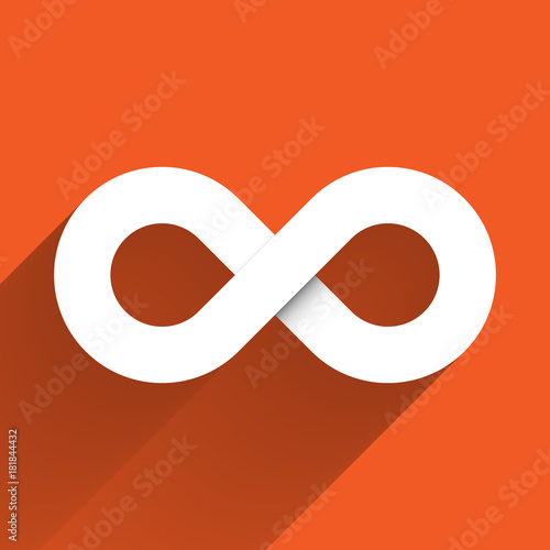 Infinity symbol icon. Concept of infinite, limitless and endless. Simple white vector design element with gradient long shadow isolated on orange background.