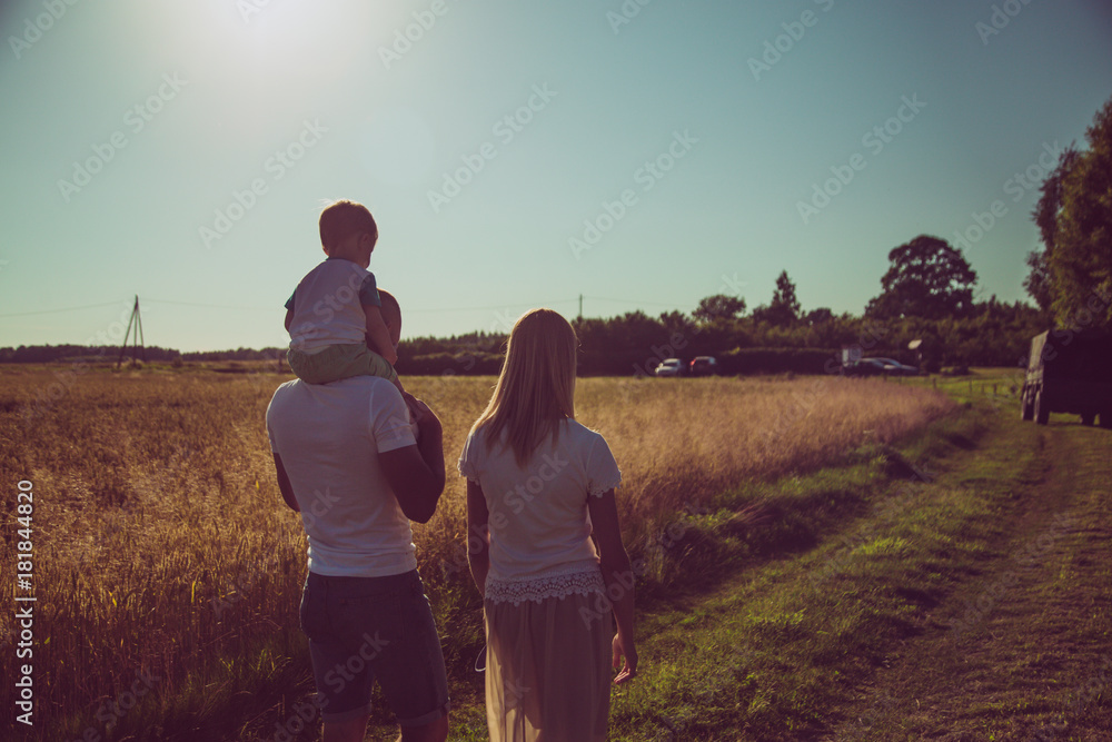 Silhouette of loving family. Family together. go near the .Rye field. in evening.   Concept of friendly  and loving family.  The models is not visible.