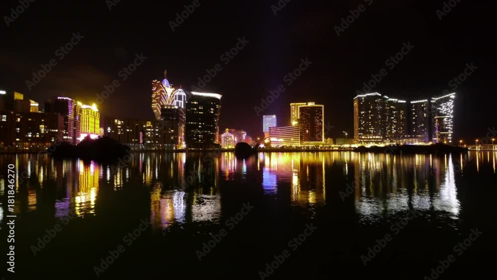 Night Skyline of Macau with reflections. Lisboa Casino - Mandarin Oriental Casino - Wynn Casino - MGM Grand Night Skyline of Macau with reflections. Lisboa Casino - Mandarin Oriental Casino - Wynn Casino - MGM Grand