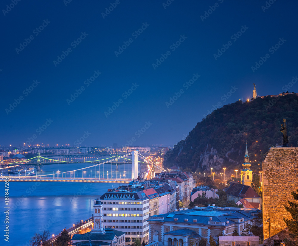 View on the Elisabeth Bridge and Budapest at night