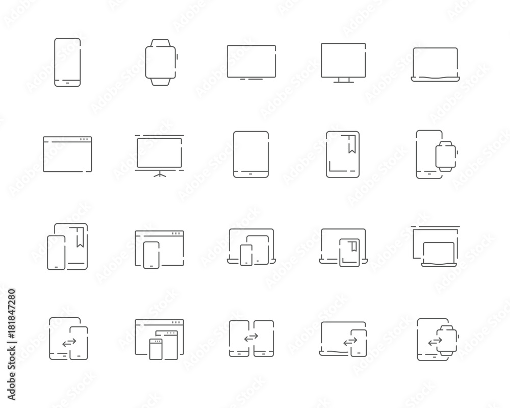 Simple set of devices vector line web icons. Contains such Icons as mobile phone, tablet, desktop, watch, projector, desktop, tv, e-reader and more. Editable Stroke. 48x48 Pixel Perfect.