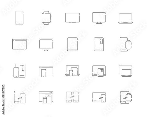 Simple set of devices vector line web icons. Contains such Icons as mobile phone, tablet, desktop, watch, projector, desktop, tv, e-reader and more. Editable Stroke. 48x48 Pixel Perfect. © kozyavka