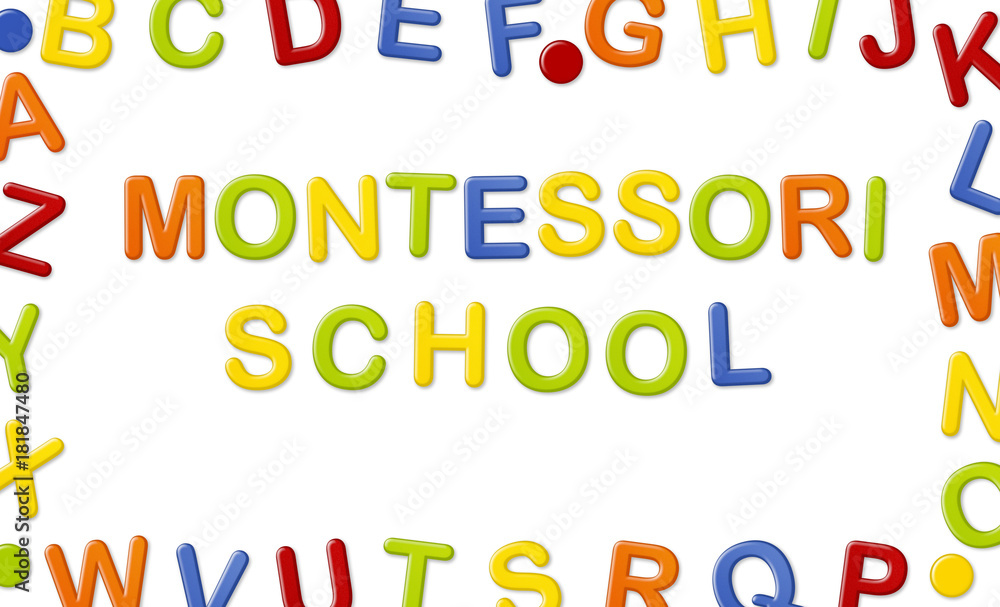 Educational Systems made out of fridge magnet letters isolated on white background: Montessori School