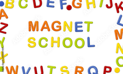 Educational Systems made out of fridge magnet letters isolated on white background: Magnet School