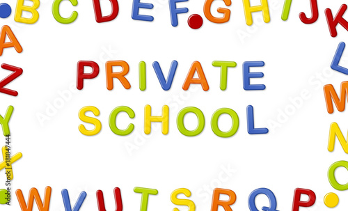 Educational Systems made out of fridge magnet letters isolated on white background  Private School