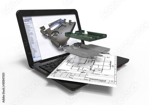  Computer aided Design sheet metal / 3D render image representing computer aided sheetmetal design 