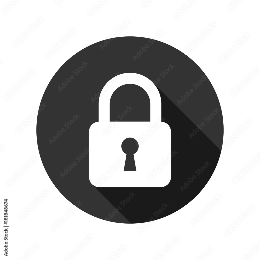 Lock icon with long shadow, white isolated on black background, vector illustration. Lock icon with long shadow, white isolated on black background, vector illustration.