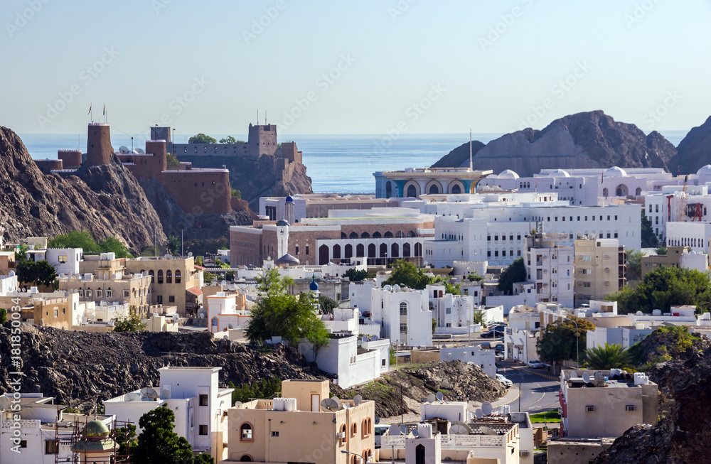 Old Muscat original historic city of Muscat on the coast in the Gulf of Oman. It is separated from the rest of modern Muscat by coastal mountains - Muscat, Oman
