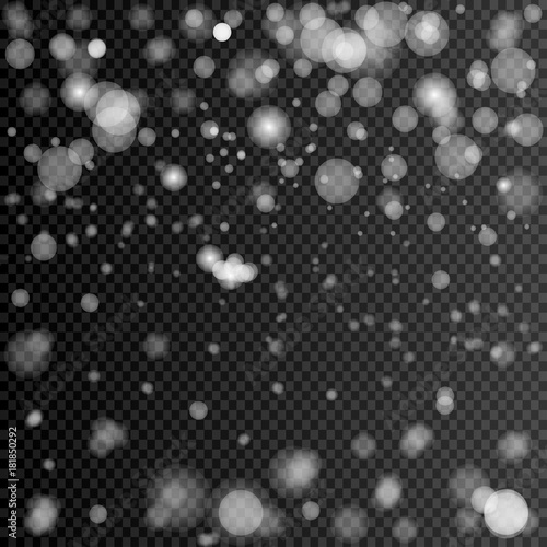 eps 10 vector blurred falling snow with bokeh effect isolated on transparent background. Editable graphic effect layer for greeting cards, web, print, design. Merry Christmas and Happy New Year design