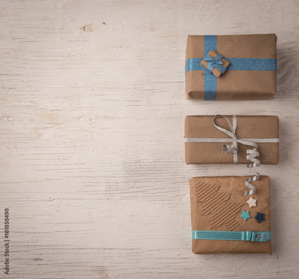 Fototapeta premium Holiday card with handcraft gift boxes