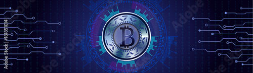 Silver Bitcoin concept on futuristic HUD background qith numbers and lines.